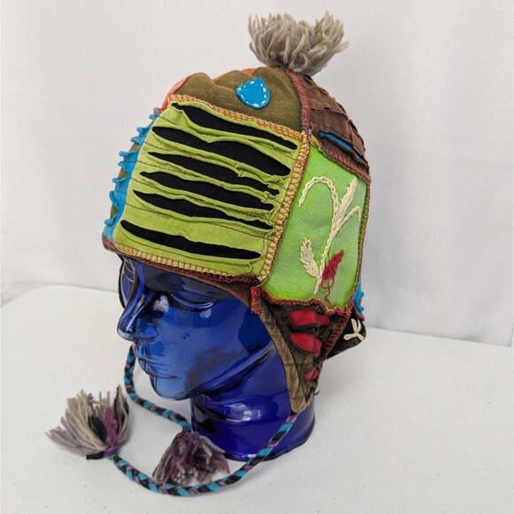 Handmade Patchwork Pom Pom Tassel Earflap Beanie Made in Nepal - Picture 3 of 8